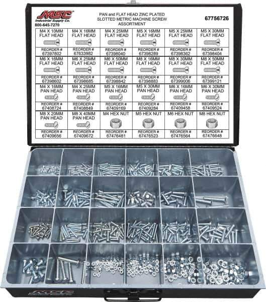 Value Collection - 590 Piece, M4x10.00 to M8x50.00, Steel Machine Screw Assortment - Flat & Pan Head, Slotted Drive, 10 to 50mm Long, Grade 2 - Industrial Tool & Supply
