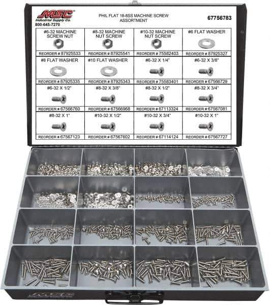 Value Collection - 1,400 Piece, #6-32 to #10-32, Stainless Steel Machine Screw Assortment - Flat Head, Phillips Drive, 1/4 to 1" Long, Grade 18-8 - Industrial Tool & Supply
