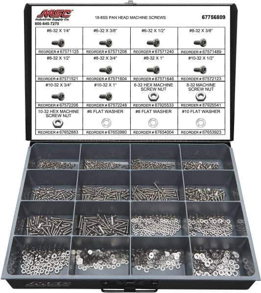 Value Collection - 1,400 Piece, #6-32 to #10-32, Stainless Steel Machine Screw Assortment - Pan Head, Phillips Drive, 1/4 to 1" Long, Grade 18-8 - Industrial Tool & Supply