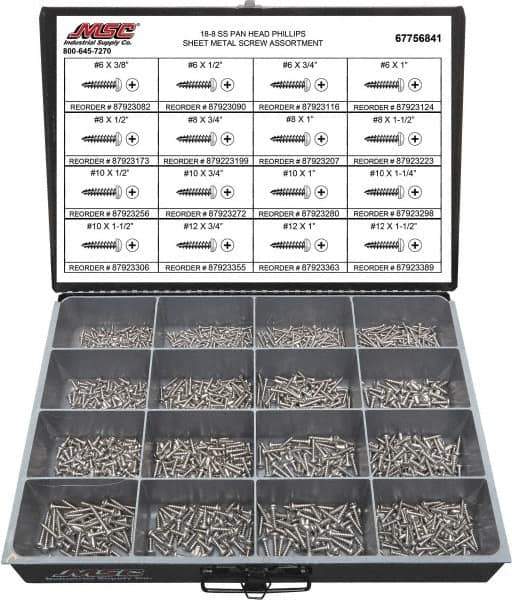 Value Collection - 1,300 Piece, #6x3/8 to #12 x 1-1/2, Stainless Steel Sheet Metal Screw Assortment - Pan Head, Phillips Drive, 3/8 to 1-1/2" Long, Grade 18-8 - Industrial Tool & Supply