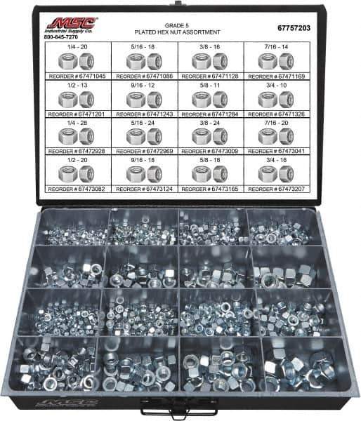Value Collection - 1/4-20 to 3/4-16 Thread, 870 Piece Alloy Steel Nut Assortment - Grade 5 - Industrial Tool & Supply