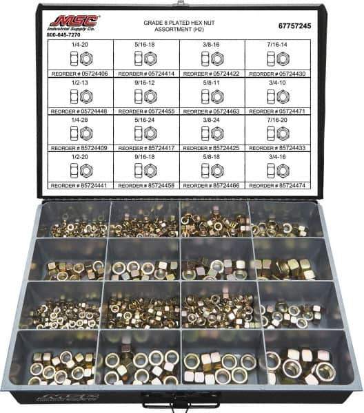 Value Collection - 1/4-20 to 3/4-16 Thread, 765 Piece Alloy Steel Nut Assortment - Grade 8 - Industrial Tool & Supply