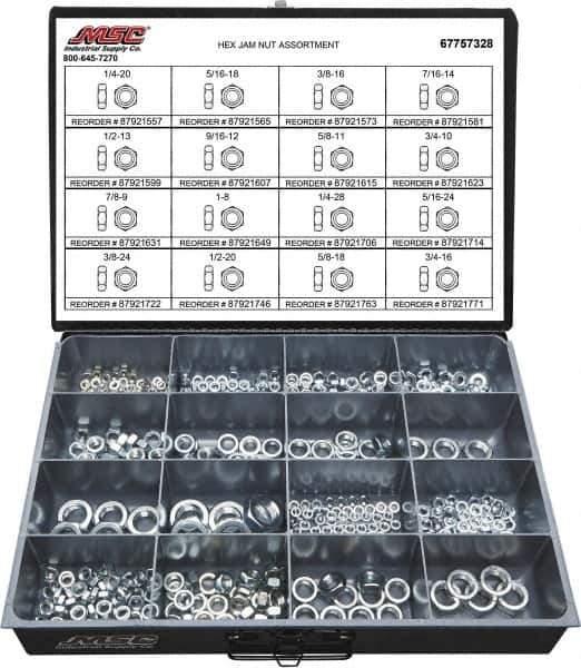 Value Collection - 1/4-20 to 3/4-16 Thread, 425 Piece Steel Nut Assortment - Grade 2 - Industrial Tool & Supply