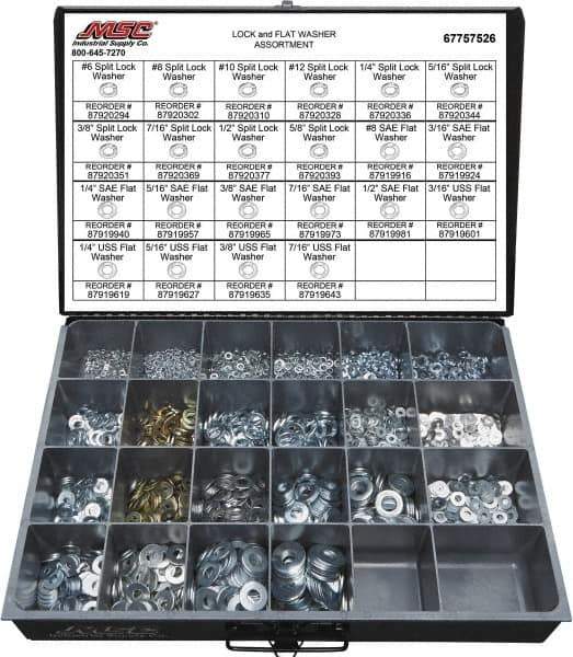 Value Collection - 3529 Piece, No. 6, 5/8" Screw, Grade 2 Steel Flat & Split Lock Washer Assortment - Includes 1/4 to 12" Screw & Compartmented Storage Case - Industrial Tool & Supply