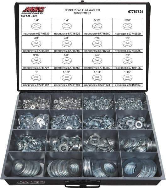 Value Collection - 1840 Piece, 1/4 to 1-1/2" Screw, Grade 2 Steel SAE Flat Washer Assortment - Includes 1/4 to 1-1/2" Screw & Compartmented Storage Case - Industrial Tool & Supply