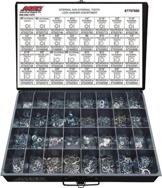 Value Collection - 2550 Piece, No. 6, 3/4" Screw, Grade 2 Steel External & Internal Tooth Lock Washer Assortment - Includes 1/4 to 12" Screw & Compartmented Storage Case - Industrial Tool & Supply