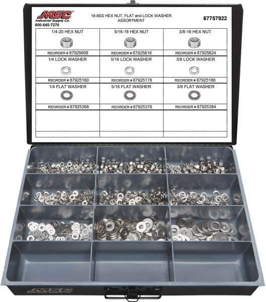 Value Collection - 1/4-20 to 3/8-16 Thread, 750 Piece Stainless Steel Nut & Washer Assortment - Grade 18-8 - Industrial Tool & Supply