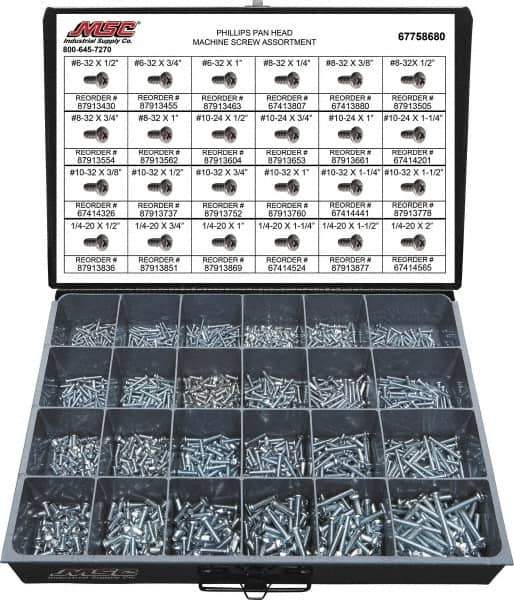 Value Collection - 1,200 Piece, #6-32 to 1/4-20, Steel Machine Screw Assortment - Pan Head, Phillips Drive, 1/2 to 2" Long, Grade 2 - Industrial Tool & Supply