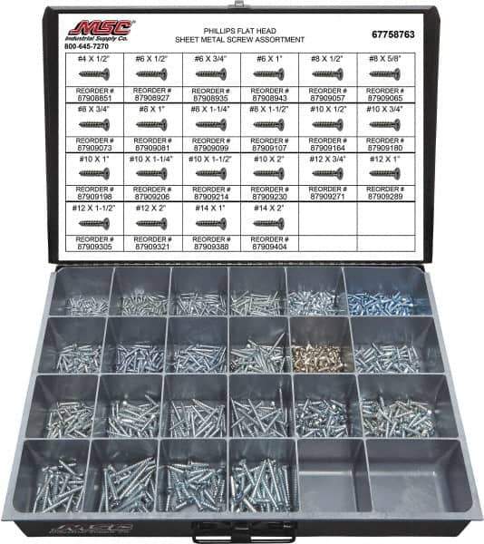 Value Collection - 1,200 Piece, #4x1/2 to #10x2, Steel Sheet Metal Screw Assortment - Flat Head, Phillips Drive, 1/2 to 2" Long, Grade 2 - Industrial Tool & Supply