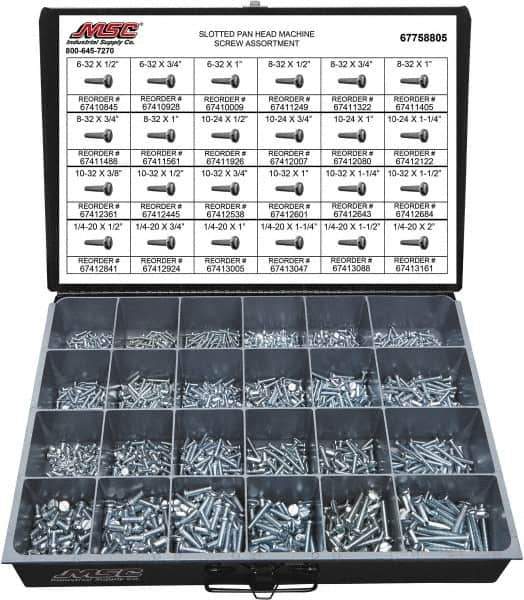 Value Collection - 2,100 Piece, #6-32 to 1/4-20, Steel Machine Screw Assortment - Pan Head, Slotted Drive, 1/2 to 2" Long, Grade 2 - Industrial Tool & Supply