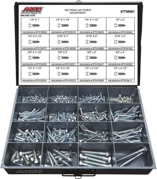Value Collection - 375 Piece, 1/4x1 to 1/2 x 4-1/2, Steel Lag Screw Assortment - Hex Head, Hex Drive, 1 to 4-1/2" Long, Grade 2 - Industrial Tool & Supply