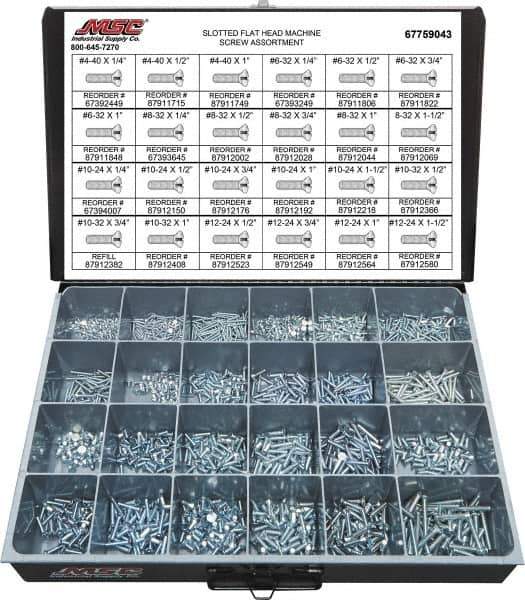 Value Collection - 1,500 Piece, #4-40 to #12-24, Steel Machine Screw Assortment - Flat Head, Slotted Drive, 1/4 to 1-1/2" Long, Grade 2 - Industrial Tool & Supply