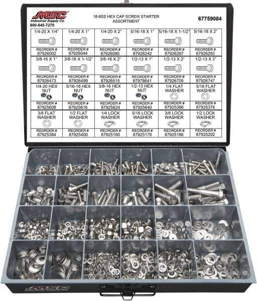 Value Collection - 1,350 Piece Stainless Steel Hex Head Cap Screws - 1/4-20 to 1/2-13 Thread, 18-8 - Industrial Tool & Supply
