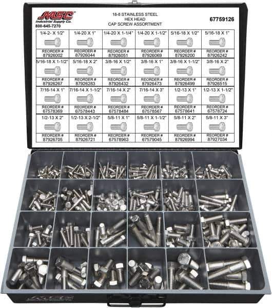 Value Collection - 375 Piece Stainless Steel Hex Head Cap Screws - 1/4-20 to 5/8-11 Thread, 18-8 - Industrial Tool & Supply