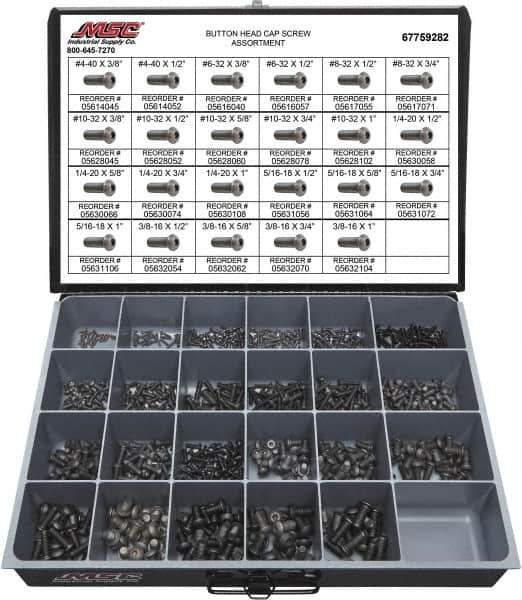Value Collection - 850 Piece Alloy Steel Button Head Cap Screws - #4-40 to 3/8-16 Thread - Industrial Tool & Supply