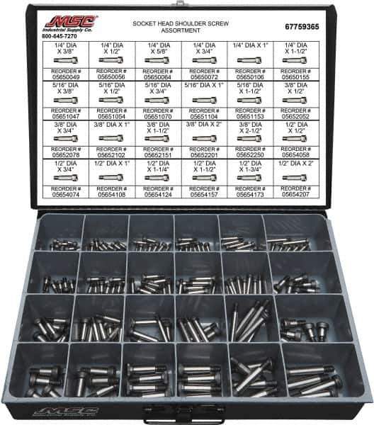 Value Collection - 190 Piece, 1/4x3/8 to 3/8 x 1-1/2, Alloy Steel Shoulder Screw Assortment - Socket Cap Head, Hex Socket Drive, 3/8 to 2" Long - Industrial Tool & Supply