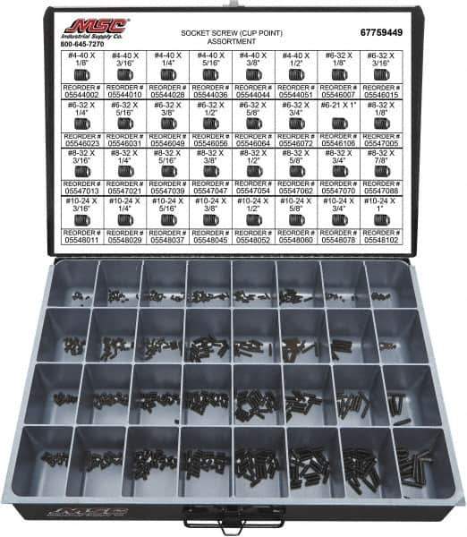 Value Collection - 710 Piece, #4-40 to #10-24, Alloy Steel Set Screw Assortment - Hex Head, Hex Socket Drive, 1/8 to 1" Long - Industrial Tool & Supply