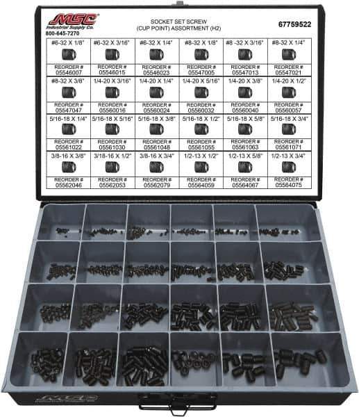 Value Collection - 555 Piece, #6-32 to 1/2-13, Alloy Steel Set Screw Assortment - Hex Head, Hex Socket Drive, 1/8 to 3/4" Long - Industrial Tool & Supply