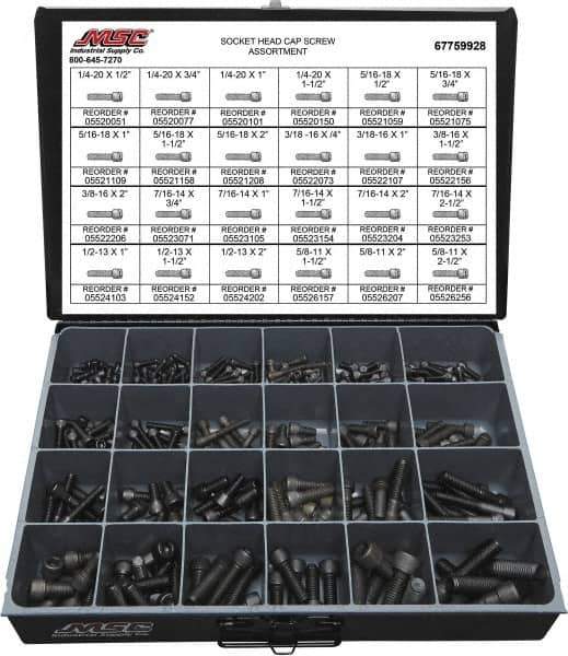 Value Collection - 375 Piece Alloy Steel Socket Head Cap Screws - 1/4-20 to 5/8-11 Thread - Industrial Tool & Supply