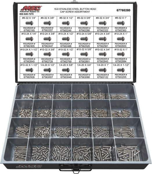 Value Collection - 800 Piece Stainless Steel Button Head Cap Screws - #8-32 to 1/4-20 Thread, 18-8 - Industrial Tool & Supply