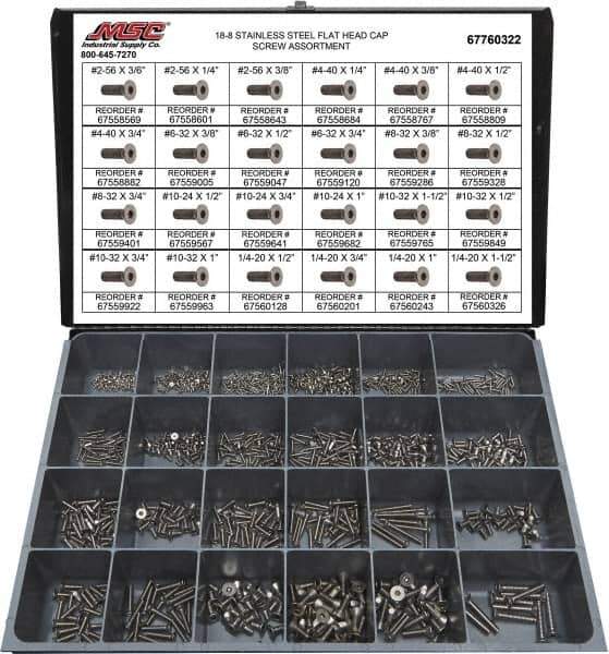Value Collection - 1,095 Piece Stainless Steel Flat Head Cap Screws - #2-56 to 1/4-20 Thread, 18-8 - Industrial Tool & Supply