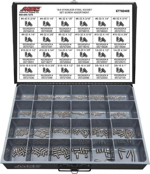 Value Collection - 685 Piece, #4-40 to 3/8-16, Stainless Steel Set Screw Assortment - Hex Head, Hex Socket Drive, 3/16 to 1" Long, Grade 18-8 - Industrial Tool & Supply