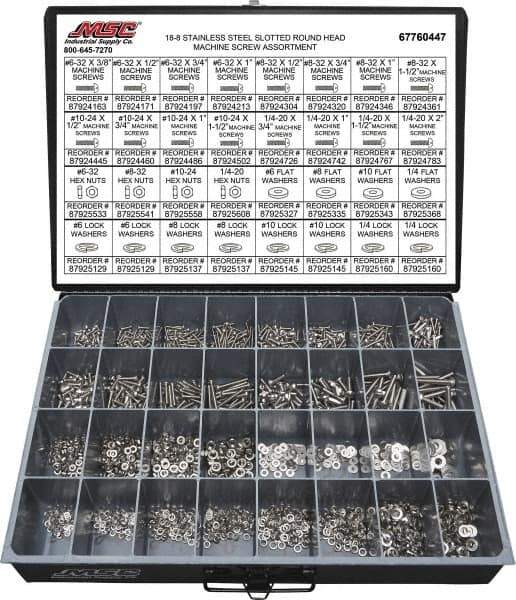 Value Collection - 2,200 Piece, #6-32 to 1/4-20, Stainless Steel Machine Screw Assortment - Round Head, Slotted Drive, 1/2 to 2" Long, Grade 18-8 - Industrial Tool & Supply