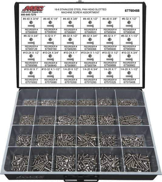 Value Collection - 1,950 Piece, #4-40 to 1/4-20, Stainless Steel Machine Screw Assortment - Pan Head, Slotted Drive, 3/16 to 1-1/2" Long, Grade 18-8 - Industrial Tool & Supply