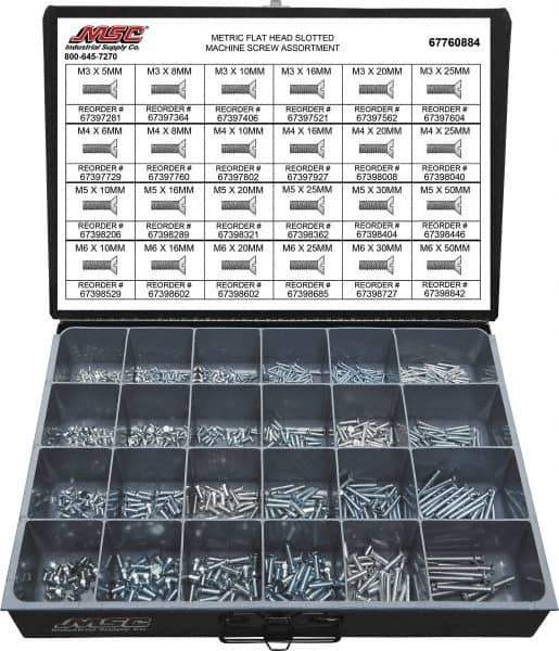 Value Collection - 820 Piece, M3x5.00 to M5x25.00, Steel Machine Screw Assortment - Flat Head, Slotted Drive, 5 to 50mm Long, Grade 2 - Industrial Tool & Supply