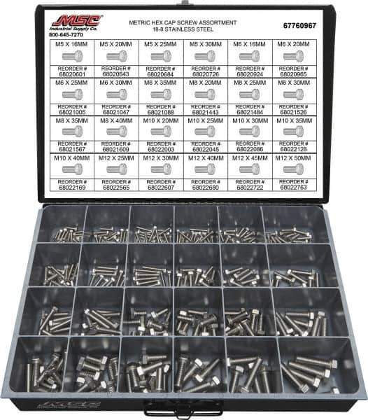 Value Collection - 330 Piece Stainless Steel Hex Head Cap Screws - M5 to M12 Thread, 18-8 - Industrial Tool & Supply