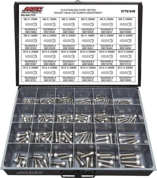 Value Collection - 240 Piece Stainless Steel Socket Head Cap Screws - M6 to M12 Thread, 18-8 - Industrial Tool & Supply