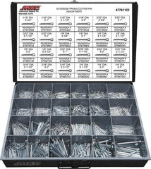 Value Collection - 2,325 Piece, 1/16 to 1/4" Pin Diam, Extended Prong Cotter Pin Assortment - 3/4 to 3" Long, Grade 2 Steel - Industrial Tool & Supply