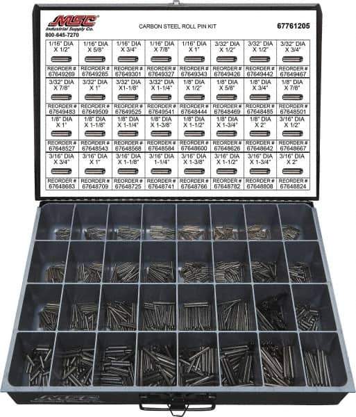 Value Collection - 157 Piece, 1/16 to 3/16" Pin Diam, Spring Pin Assortment - 1/2 to 2" Long, Grade 2 Steel - Industrial Tool & Supply