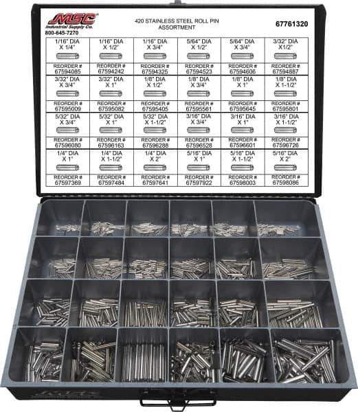 Value Collection - 115 Piece, 1/16 to 5/16" Pin Diam, Dowel Pin Assortment - 1/4 to 2" Long, 402 Stainless Steel - Industrial Tool & Supply