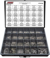 Value Collection - 115 Piece, 1/16 to 5/16" Pin Diam, Dowel Pin Assortment - 1/4 to 2" Long, 402 Stainless Steel - Industrial Tool & Supply