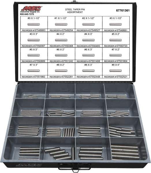 Value Collection - 130 Piece, #0 to #8" Pin Diam, Taper Pin Assortment - 1-1/2 to 4" Long, Grade 2 Steel - Industrial Tool & Supply