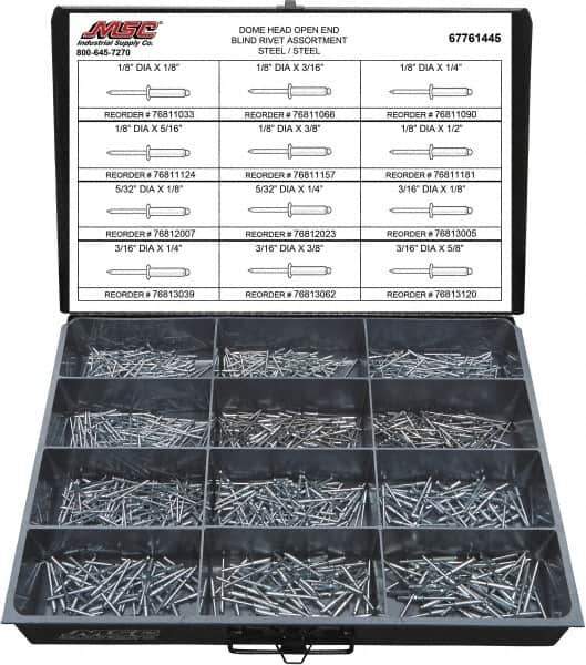 Value Collection - 1,100 Piece, 1/8 to 3/16" Hole Diam, Dome Head, Steel Blind Rivet Assortment - 1/8 to 5/8" Length, Steel Mandrel - Industrial Tool & Supply