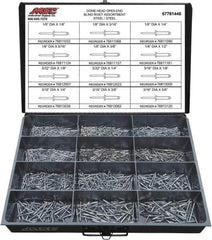 Value Collection - 1,100 Piece, 1/8 to 3/16" Hole Diam, Dome Head, Steel Blind Rivet Assortment - 1/8 to 5/8" Length, Steel Mandrel - Industrial Tool & Supply
