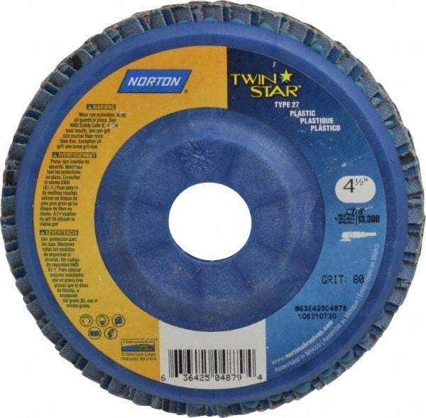 Norton - 80 Grit, 4-1/2" Disc Diam, 7/8" Center Hole, Type 27 Ceramic Flap Disc - 13,000 Max RPM, Plastic Backing, Arbor Attaching System, Coated - Industrial Tool & Supply