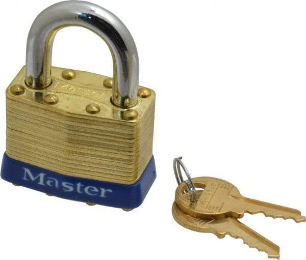 Master Lock - 15/16" Shackle Clearance, Keyed Alike Laminated Brass Padlock - 5/16" Shackle Diam, Brass - Industrial Tool & Supply