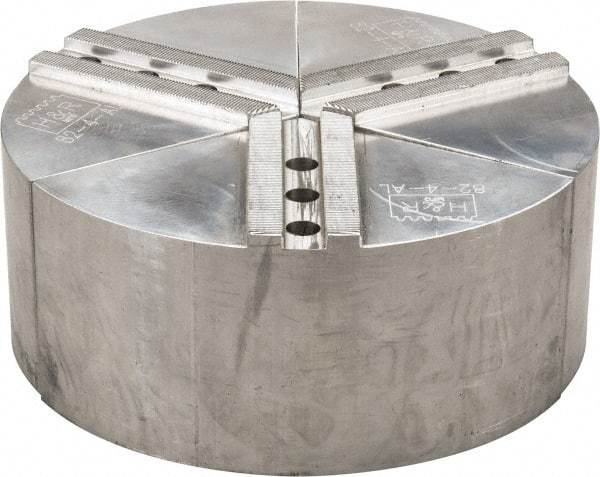 H & R Manufacturing - 1.5mm x 60° Serrated Attachment, Round Soft Lathe Chuck Jaw - 3 Jaws, Aluminum, 1.181" Btw Mount Hole Ctrs, 5" Long x 10" Wide x 4" High, 0.63" Groove, 12mm Fastener - Industrial Tool & Supply