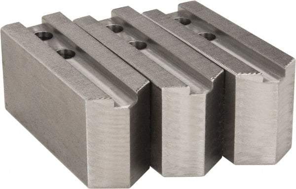 H & R Manufacturing - 1.5mm x 60° Serrated Attachment, Square Soft Lathe Chuck Jaw - 3 Jaws, Steel, 1.181" Btw Mount Hole Ctrs, 5" Long x 1-3/4" Wide x 2-1/2" High, 0.63" Groove, 12mm Fastener - Industrial Tool & Supply