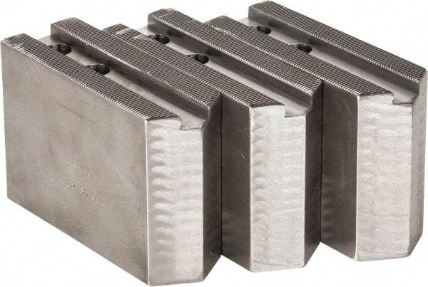 H & R Manufacturing - 1.5mm x 60° Serrated Attachment, Square Soft Lathe Chuck Jaw - 3 Jaws, Steel, 1.181" Btw Mount Hole Ctrs, 5" Long x 1-3/4" Wide x 3-1/2" High, 0.63" Groove, 12mm Fastener - Industrial Tool & Supply
