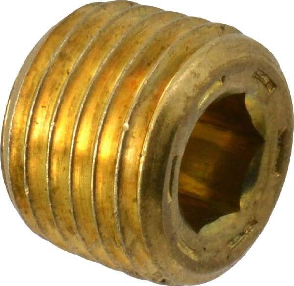Unbrako - 1/4-18, 13/32" OAL, Brass Socket Pressure Plug - 7/8" Taper per Foot, 1/4" Hex Key - Industrial Tool & Supply