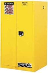 Justrite - 2 Door, 2 Shelf, Yellow Steel Standard Safety Cabinet for Flammable and Combustible Liquids - 65" High x 34" Wide x 34" Deep, Manual Closing Door, 3 Point Key Lock, 60 Gal Capacity - Industrial Tool & Supply