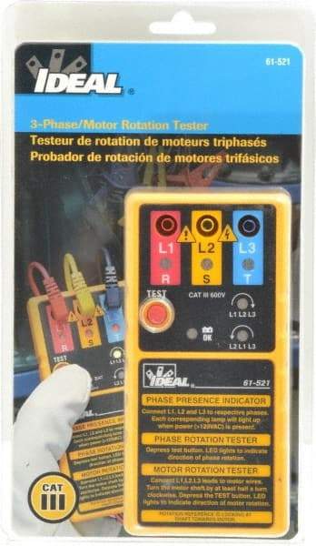 Ideal - 3 Phase, 100 to 600 VAC, 10 to 400 Hz, 5 to 131°F, LED Display Phase Rotation Tester - 9V, Includes 9V Battery, Alligator Clips, Carrying Case, Operating Instructions, C N12966, CAT III, CE, EN 61010, IEC 1010 - Industrial Tool & Supply
