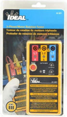 Ideal - 3 Phase, 100 to 600 VAC, 10 to 400 Hz, 5 to 131°F, LED Display Phase Rotation Tester - 9V, Includes 9V Battery, Alligator Clips, Carrying Case, Operating Instructions, C N12966, CAT III, CE, EN 61010, IEC 1010 - Industrial Tool & Supply