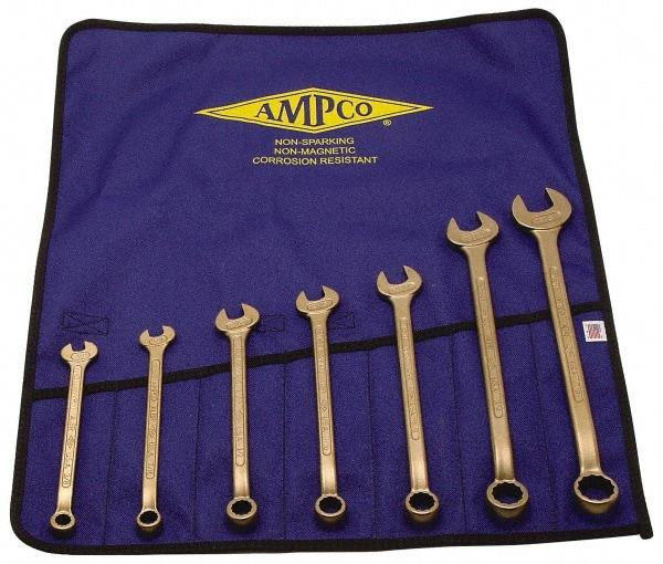 Ampco - 7 Piece, 8mm to 22mm, 12 Point Combination Wrench Set - Metric Measurement Standard, Aluminum Bronze Finish, Comes in Roll-Up Pouch - Industrial Tool & Supply