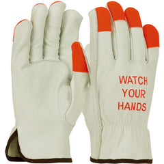 ‎68-165HV/L Leather Drivers Gloves - TG Cowhide - Superior Grade - Hi-Vis Orange Fingertips & Logo - Keystone - Exact Industrial Supply