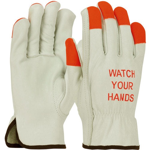 ‎68-165HV/M Leather Drivers Gloves - TG Cowhide - Superior Grade - Hi-Vis Orange Fingertips & Logo - Keystone - Exact Industrial Supply